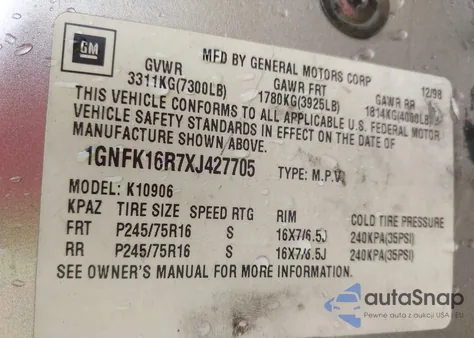 1999 Chevrolet Suburban 1500 Lt from USA, damaged, VIN 1GNFK16R7XJ427705